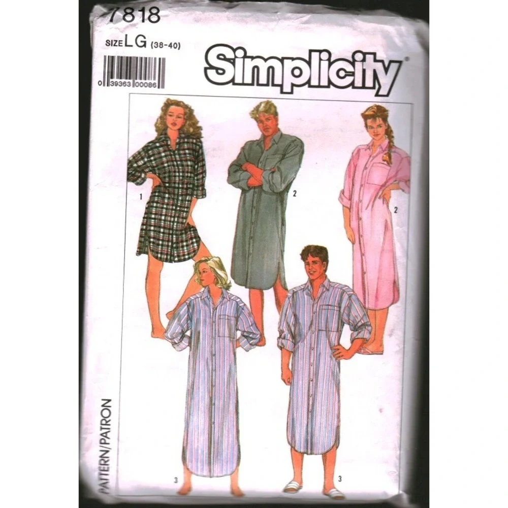 Simplicity 7818 Vintage Nightshirt Sewing Pattern Unisex Size LG 38-40 Sleepwear